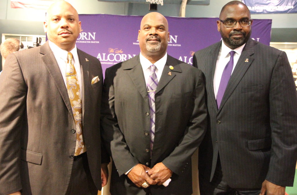 Fred McNair, center, is flanked by Alcorn president Alfred Rankins, Jr., left) and athletic director Derek Horne.
